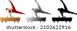 Silhouette icon of male gymnast perform the flairs routine on the pommel horse appartus. Vector illustration.