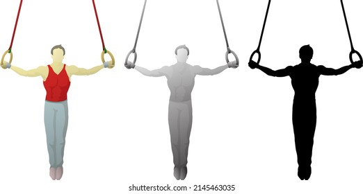 Silhouette icon of male gymnast perform the iron cross pose on the roman ring apparatus. Vector illustration.
