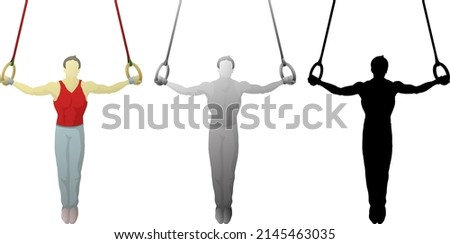 Silhouette icon of male gymnast perform the iron cross pose on the roman ring apparatus. Vector illustration.