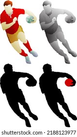 Silhouette icon of male rugby football player running with the ball, isolated against white. Vector illustration.