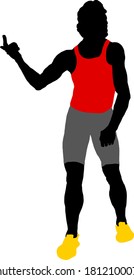 Silhouette icon of a male runner raising his hand at the finishing point. Vector illustration.