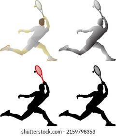 Silhouette icon of male tennis player stretch to return a serve shot, isolated against white. Vector illustration.