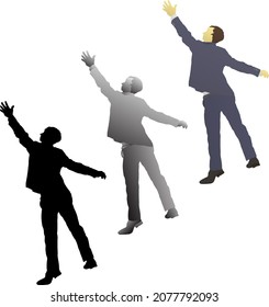 Silhouette icon of man in business suit reaching out to the sky. Vector illustration.