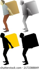 Silhouette icon of man carry a heavy box on his back, isolated against white. Vector illustration.