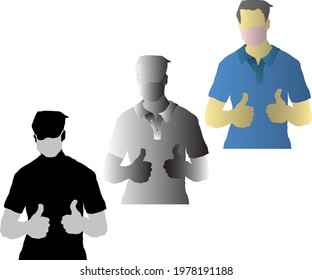 Silhouette icon of man with face mask making double thumbs up gesture. Vector illustration.