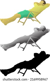 Silhouette icon of man lay down to rest on a deck chair, isolated against white. Vector illustration.