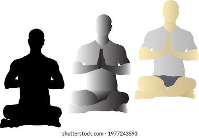 Silhouette icon of man meditating in lotus position with hand in prayer. Vector illustration.
