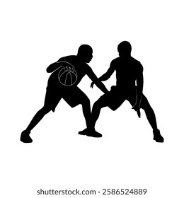silhouette icon of a man playing basketball, black vector illustration of a sports man front view