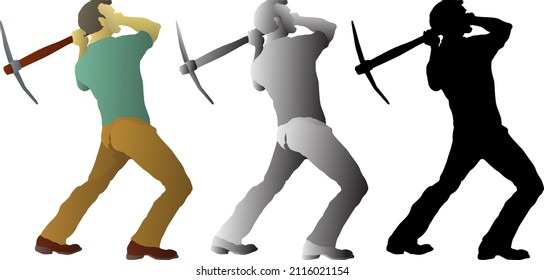 Silhouette icon of man raise a pickaxe above his head. Vector illustration.