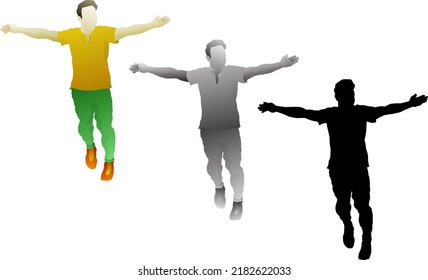 Silhouette icon of man running forward with open arms, isolated against white. Vector illustration.