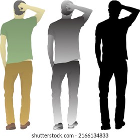 Silhouette icon of man scratching his head in puzzlement. Vector illustration.