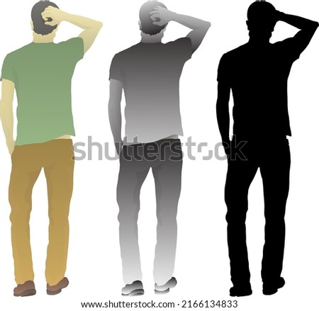 Silhouette icon of man scratching his head in puzzlement. Vector illustration.