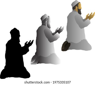 Silhouette icon of man with skullcap kneeling down for prayer. Vector illustration.