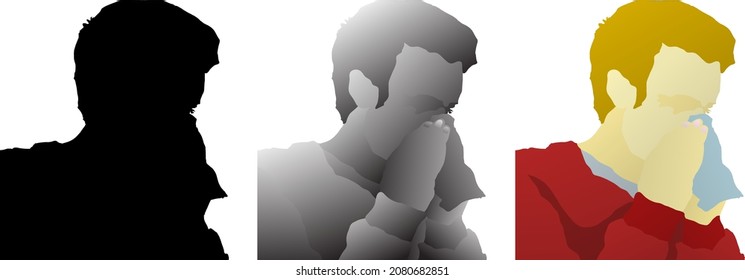 Silhouette icon of man sneeze into his handkerchief. Vector illustration.