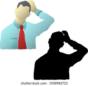 Silhouette icon of man in tie scratching his head in confusion. Vector illustration.