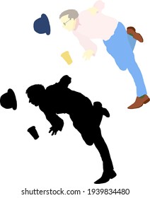 Silhouette icon of man trip and tumble dropping his hat and drink container. Vector illustration.