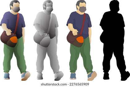 Silhouette icon of man wearing face mask with a sports duffel bag walking forward, isolated against white. Vector illustration.