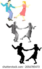 Silhouette icon of man and woman dancing the swing move. Vector illustration.
