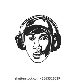 silhouette icon of a man's head wearing a hat using over-ear headphones without background