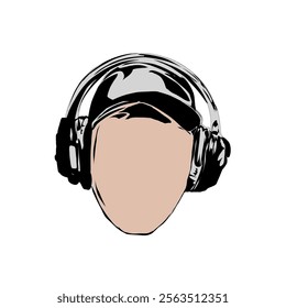 silhouette icon of a man's head wearing a hat using over-ear headphones without background