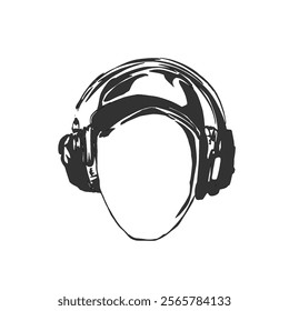 silhouette icon of a man's head wearing a hat using over-ear headphones without background