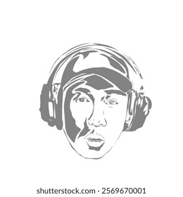 silhouette icon of a man's head wearing a hat using over-ear headphones without background