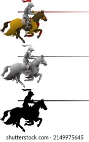 Silhouette Icon Of Medieval Knight On Horseback In A Jousting Competition, Isolated Against White. Vector Illustration. 