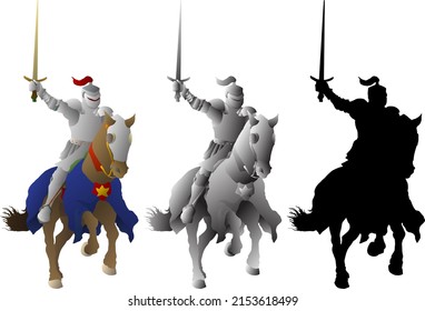 Silhouette icon of medieval knight in shining armor ride a horse while raising his broadsword in triumph, isolated against white. Vector illustration.
