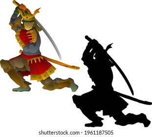 Silhouette icon of  medieval samurai warrior wielding katana sword. Vector illustration.