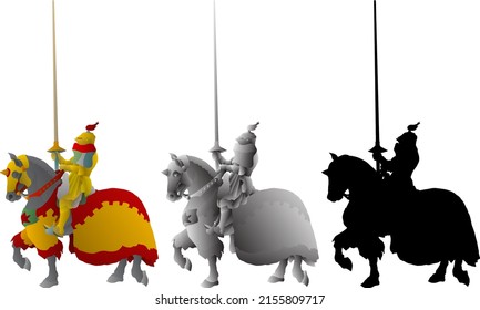 Silhouette icon of medieval warrior knight on horseback holding a long lance, isolated against white. Vector illustration. 