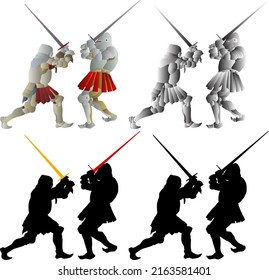 Silhouette icon of medieval warrior knights in body armor fight with broadsword, isolated against white.  Vector illustration.