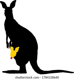 Silhouette icon of a mother kangaroo cradling a baby in her belly pouch. Vector illustration.