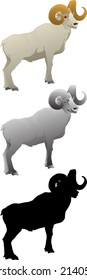 Silhouette icon of mountain sheep with big curved horn isolated against white. Vector illustration.