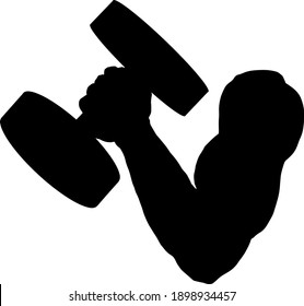 Silhouette icon of a muscular arm lifting a dumbbell. Vector illustration.