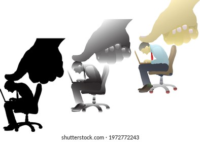 Silhouette icon of office worker in tie oppressed under a big thumb for the concept of tyranny in the workplace. Vector illustration.