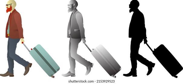 Silhouette icon of old bald man travel with a trolley luggage bag, isolated against white. Vector illustration.