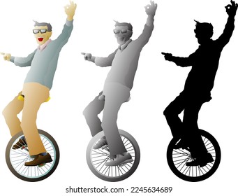 Silhouette icon of old man ride a unicycle pointing forward and give the OK hand signal, isolated against white. Vector illustration.