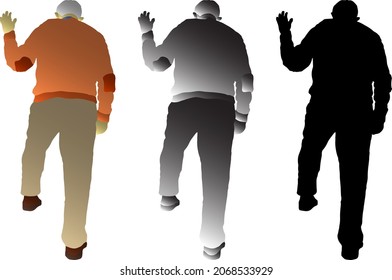 Silhouette Icon Of Old Man Waving Goodbye While Lifting A Leg Up A Step. Vector Illustration.