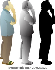 Silhouette icon of old man wondering with hand on his chin, isolated against white. Vector illustration.