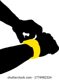 Silhouette icon of a pair of hand adjusting a tracker device on a wristwatch for the concept of contact tracing. Vector illustration.