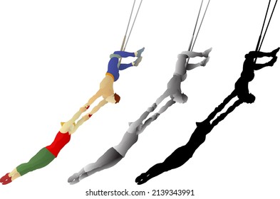 Silhouette icon of pair of trapeze acrobat swing through the air. Vector illustration.