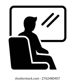 Silhouette icon of a passenger sitting on a transport seat looking out the window, symbolizing public travel and commuting concepts