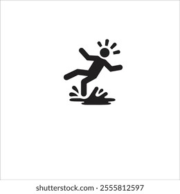 Silhouette icon of a person slipping on a wet surface, symbolizing caution, accident, and safety concerns. Ideal for depicting workplace hazards, liability, or risk scenarios.