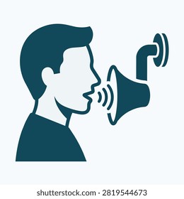 Silhouette icon of a person talking into an antique voice pipe with sound waves.