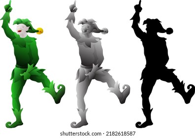 Silhouette icon of playful santa elf clowning around, isolated against white. Vector illustration. 