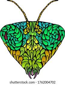 Silhouette icon of a praying mantis head in psychedelic pattern. Vector illustration.