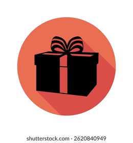 Silhouette icon of a present wrapped with a ribbon and bow on a terracotta circle creates a simple, yet elegant vector graphic with a soft shadow.