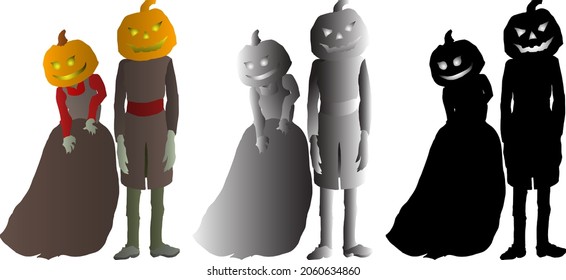 Silhouette icon of pumpkin jack o lantern evil couple for Halloween design. Vector illustration.