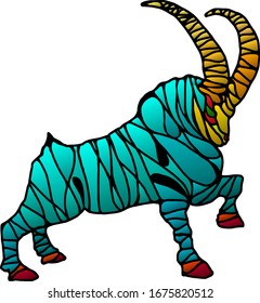 Silhouette icon of a ram with big horns in psychedelic pattern. Vector illustration.