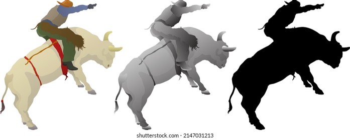 Silhouette icon of rodeo cowboy ride a bucking bull, isolated against white. Vector illustration.